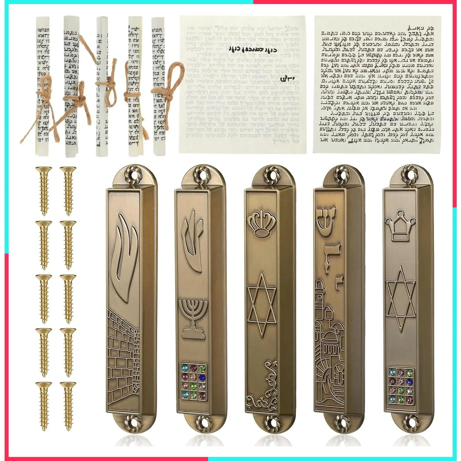 5-Pack Metal Door Mezuzah Cases with Kosher Scrolls, Screw Mount - 3.54 Inch Tall Jewish Mitzvah Mezuzah Plaques for Front Doorpost Entrance, Religious Housewarming Gift