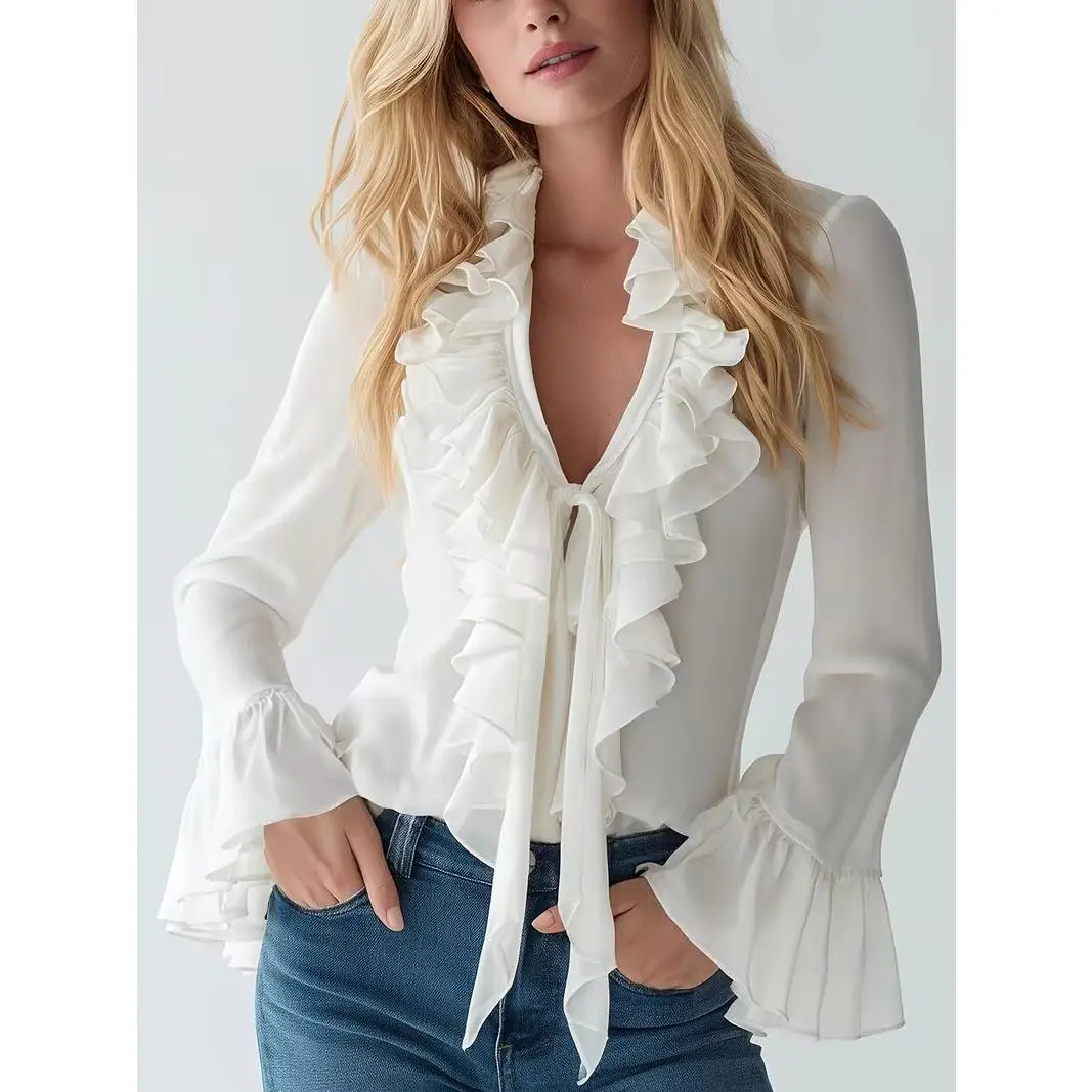 Women's White Polyester Fabric Ruffle Blouse - Long Sleeve, Bow Neckline, V-Neck, Flare Sleeve, Stylish Shirts (Bow Neckline Blouses & Shirts), Style