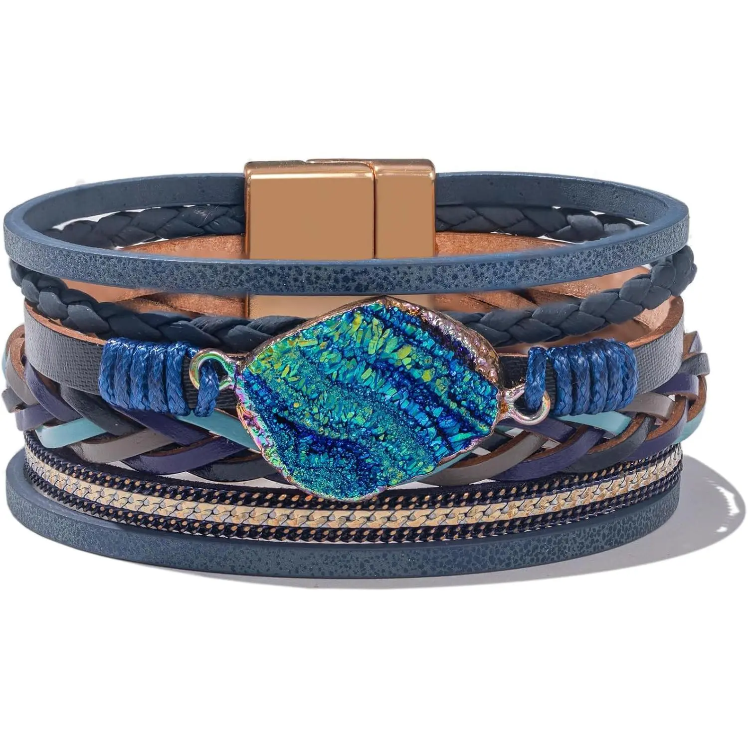 Braided Leather Bangle Bracelets Boho  Stone Wrap Bracelets Stackable Cuff Bracelets with  Clasp for Women