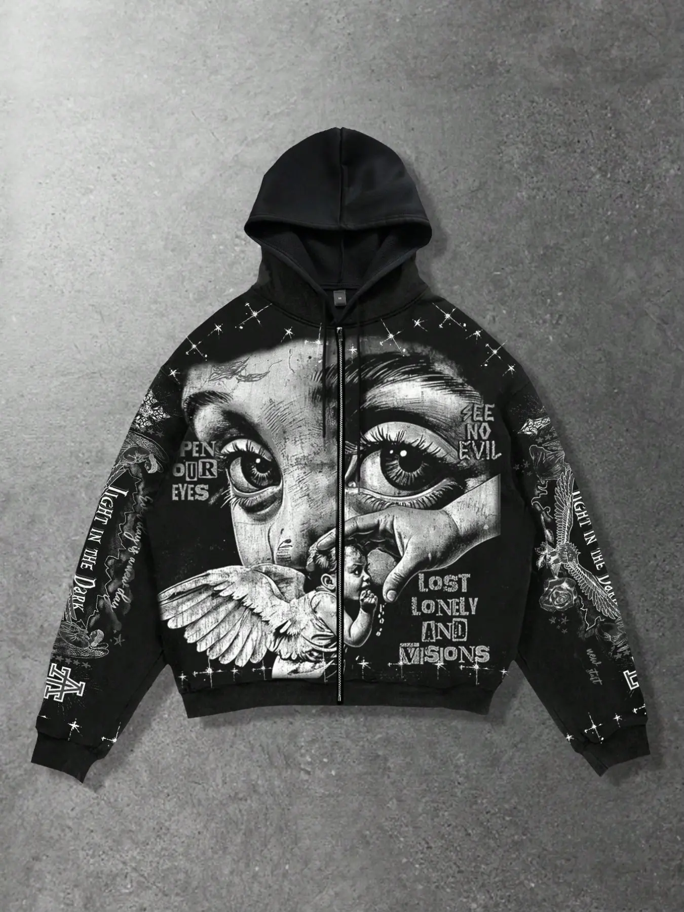 Vintage Angel Eye Pattern Hooded Zipper Sweatshirt, Men's Warm Hooded Jacket, Y2K Gothic Streetwear, Full Print Sports Sweatshirt