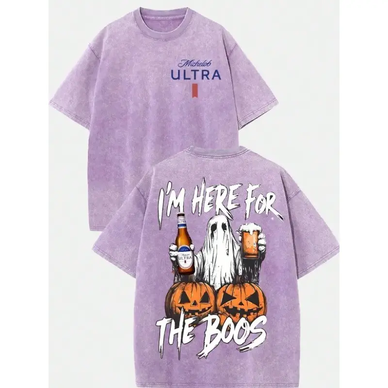 Vintage Washed Michelob Ultra Ghost "I'm Here For The Boos" Double-Sided Graphic Tee |   230gsm Heavyweight Streetwear, Unisex Loose Crew Neck Cotton Halloween Casual Top for Men & Women
