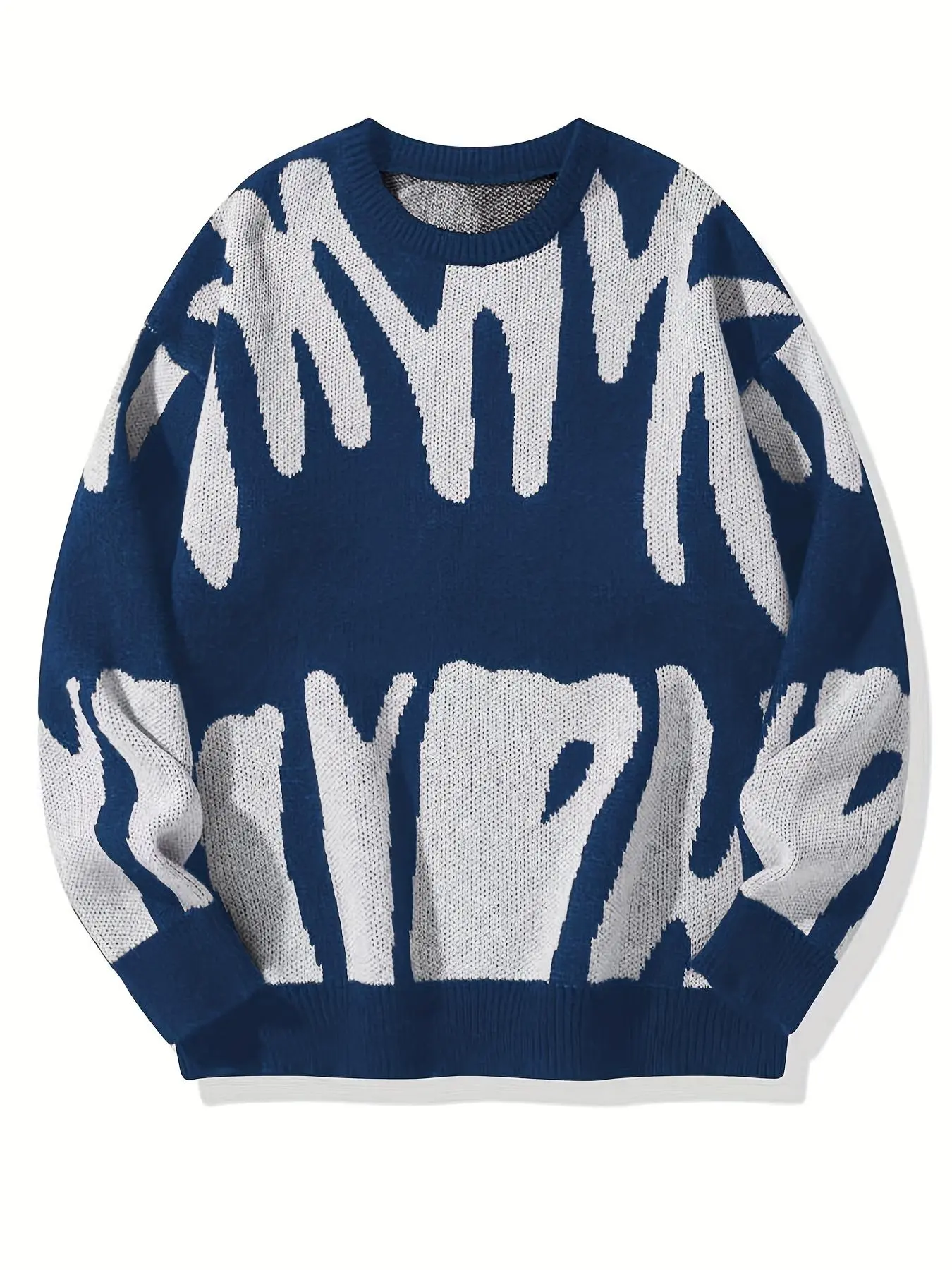 Trendy Fall Winter Asymmetrical Pattern Pullover Sweater, Casual Round Neck Colorblock Knit Men's Top, Daily Wear