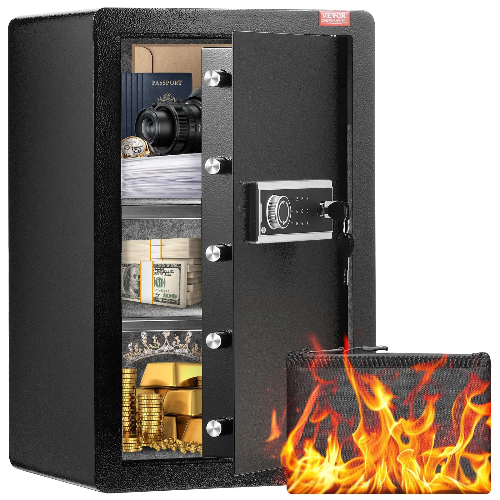 【DealsForYouDays】VEVOR Single Door 3.5 cu. ft Safe Box with Key Lock Password, Safe Lock Box with Fireproof Bag, Key Rack, LED Light, and 2 Shelves for Money, Documents, Jewelry, and Valuables, Black
