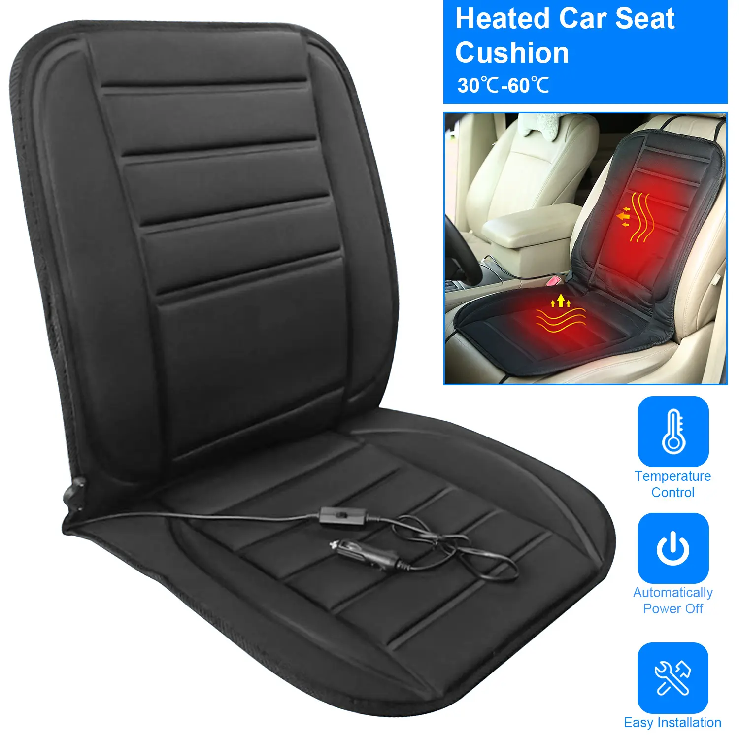 1-Piece 12V Heated Car Seat Cushion - Auto Seat Warmer Pad with Adjustable Temperature Controller for Cars, Trucks