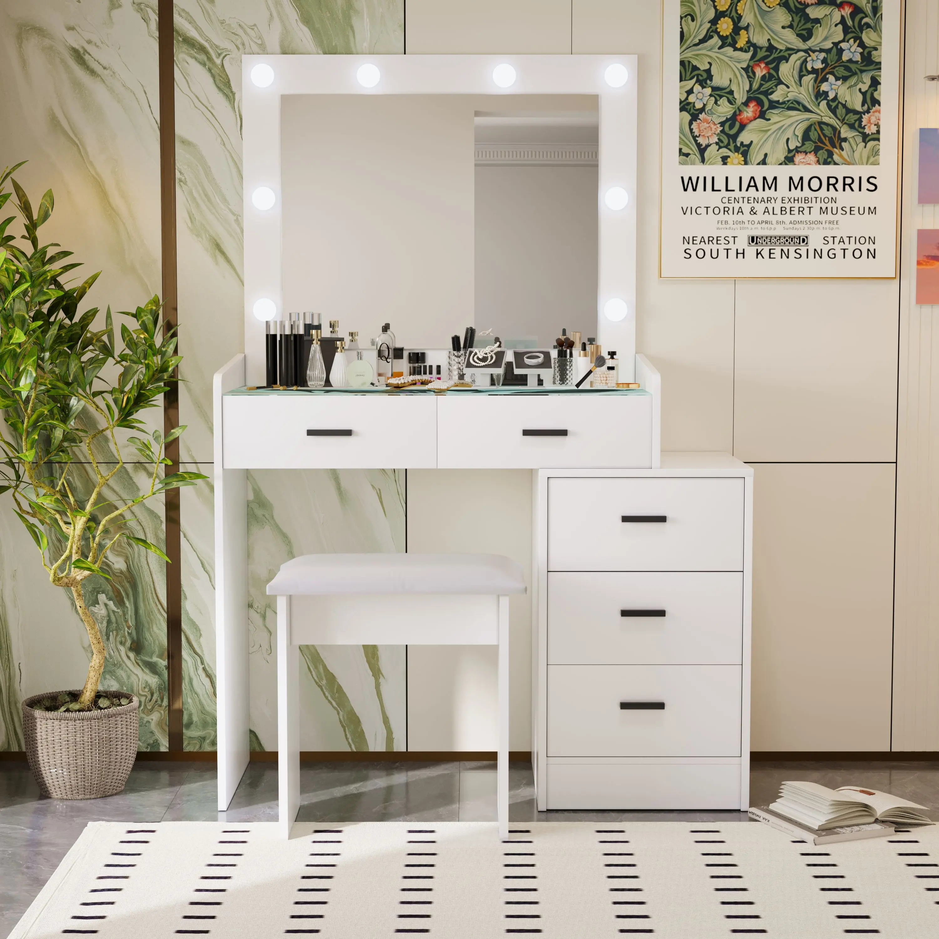 ARCH Modern Matte White Dressing Table with LED Mirror and 5 Extra Deep Drawers, Particle Board+MDF Makeup Vanity Desk with Stool, Space-Saving Bedroom Vanity Set, Adjustable Dressing Table for Bedroom, White Finish, Matte White Color Options