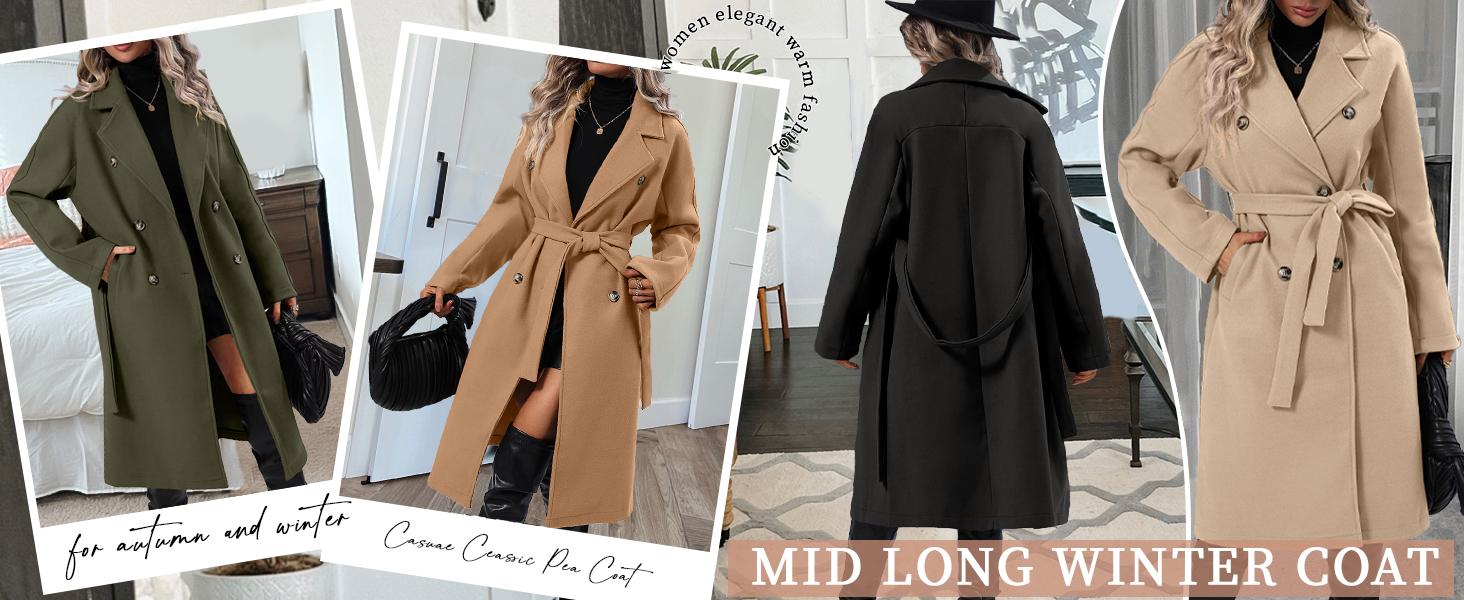 Danedvi Women Elegant Wool Pea Coat Lapel Collar Double Breasted Mid-Long Winter Overcoats with Belted Pockets