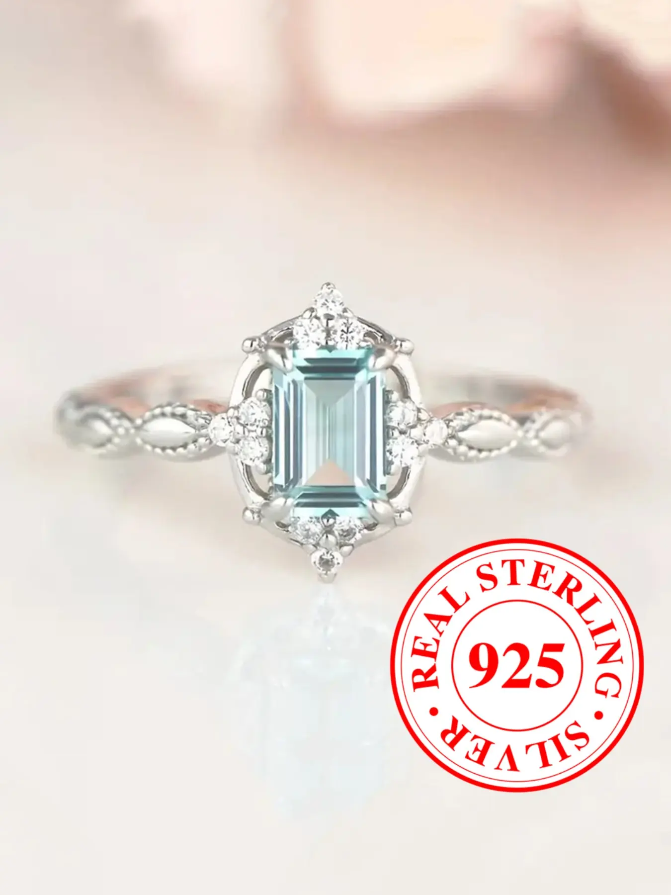 S925 Sterling Silver Ring Aqua Blue Synthetic sapphire geometric design engagement ring, stackable promise ring for women & girls, minimalist style, anniversary and Valentine's Day gift（with Box）