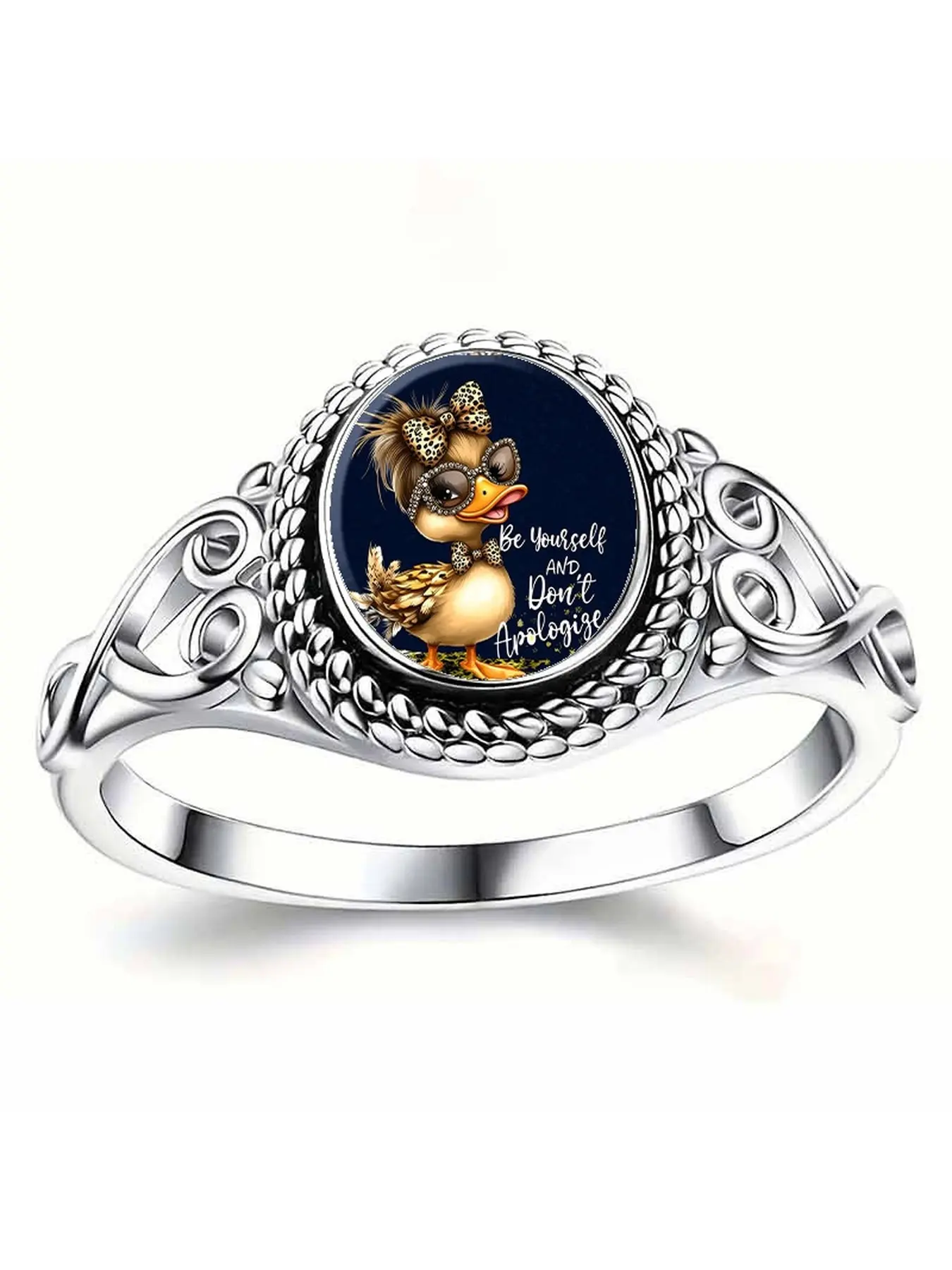 Retro hollow-patterned round ring, leopard-print sunglasses with small duck English slogan design, inspirational and personalized theme, trendy and playful style. Zinc alloy with silver plating, featuring retro engraved pattern, highly interesting and eye