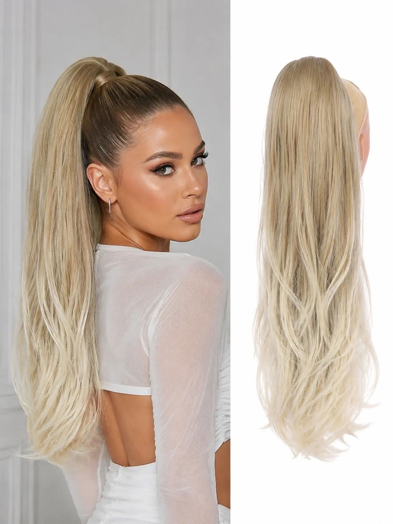 26 Inch Long Drawstring Ponytail Extension Synthetic Hair High Ponytail Wrap Around Ponytail Extension Straight Wavy Hairpiece for Women Instant Volume Length Natural Looking Hair