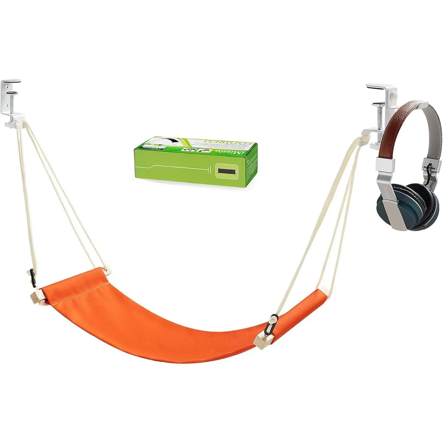 Foot Hammock Under Desk |  Adjustable Office Foot Rest | Portable Footrest with Headphones Holder (Orange)