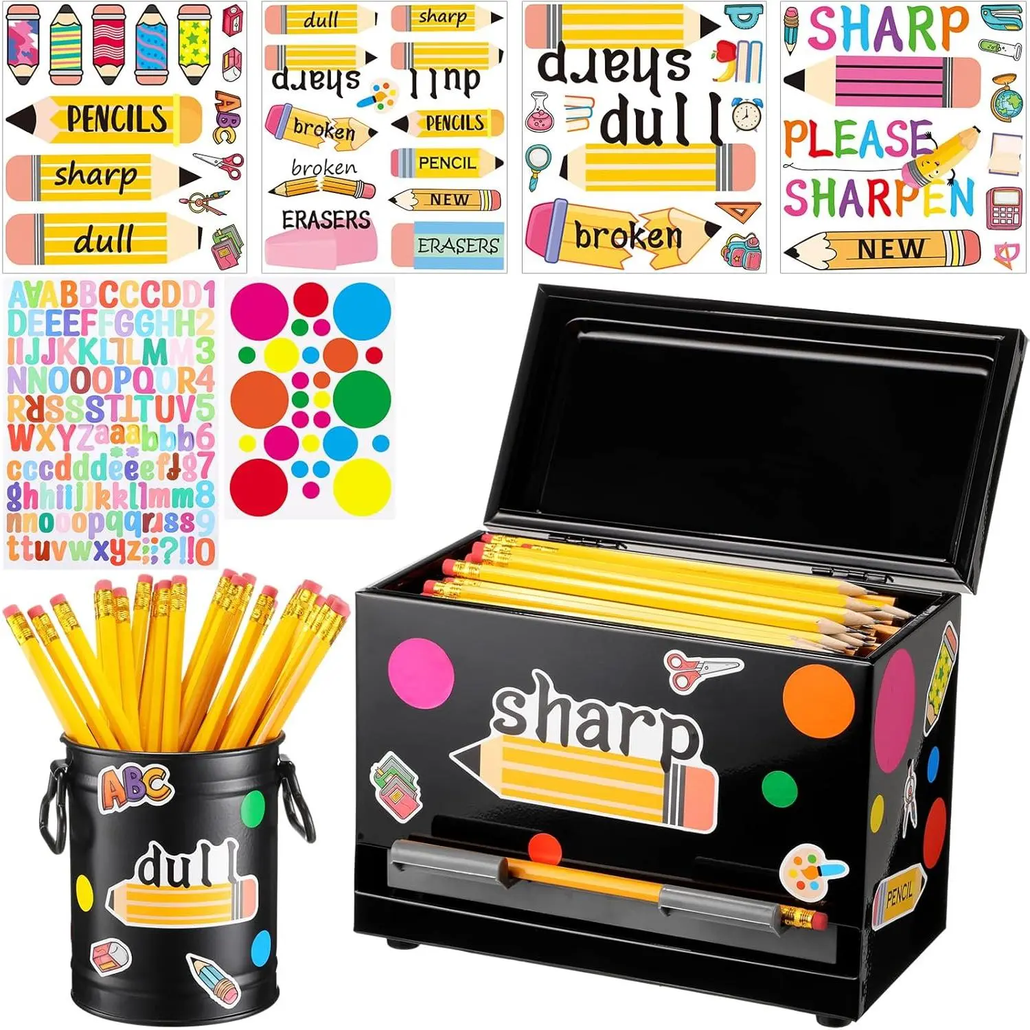8 count Pencil Dispenser Kit for Classroom Stainless Steel Straw Dispenser for Pencil Metal Pen Holder Organizer Letter Sticker for Desk  to School Classroom Teacher Supplies(Black)