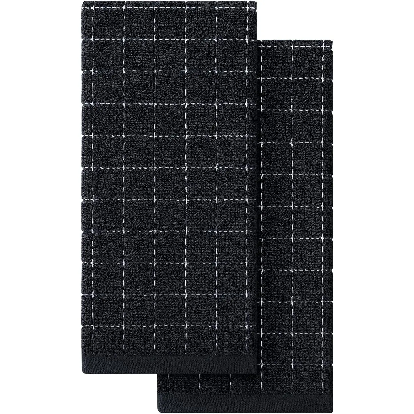 100% Cotton Terry Kitchen Towels(Black, 13 x 28 inches), Checkered Designed, Soft and Super Absorbent Dish Towels, 2 Pack