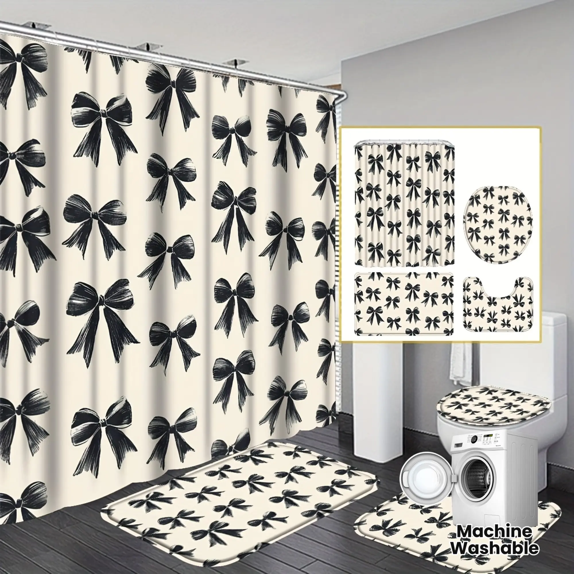 4 Piece Black Bow Knot Shower Curtain Cute Bathroom Set with 12 Hooks, Machine Wash Sweet Lovely Stylish Decor Kit, Non Slip Rug U-Shaped Toilet Lid Mat, Bathroom Accessories Birthday Gift