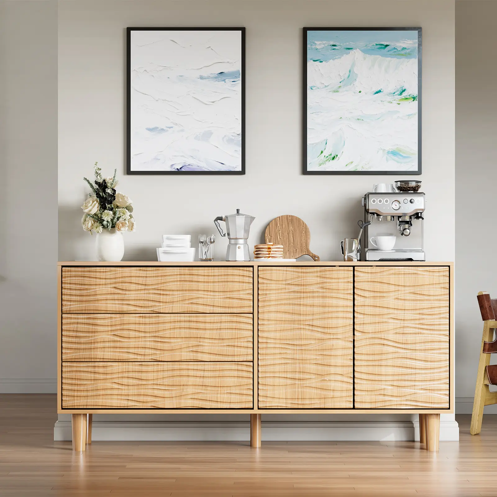 61 Inch Mid Century Modern Fluted Sideboard Buffet Only, Accent Storage Console Featuring 3 Drawers, 2 Push-to-Open Doors and Adjustable Shelf, Teak Brown