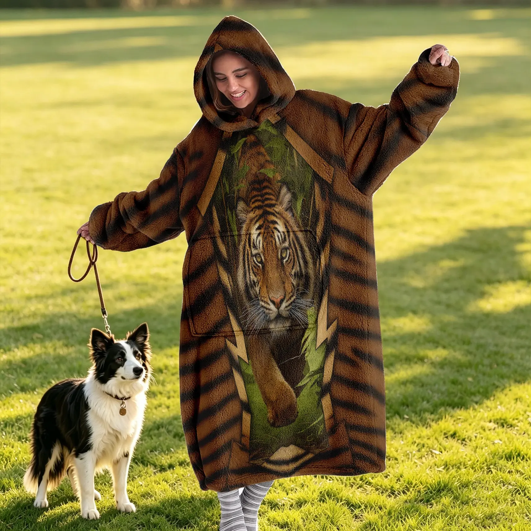 Tiger Wearable Hooded Blanket, Unisex Flannel Adult Sweatshirt Blanket, Comfortable Hooded Blanket with Large Pockets, Perfect Gift Choice