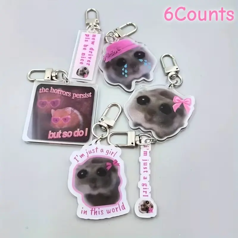 6 Cute Sad Hamster Keychains, Acrylic Cat Emoji Keyrings, Bow Hat, Kawaii Crying Animal Charms, Funny Accessory for Backpacks, Keys, Wallets, Phone Cases