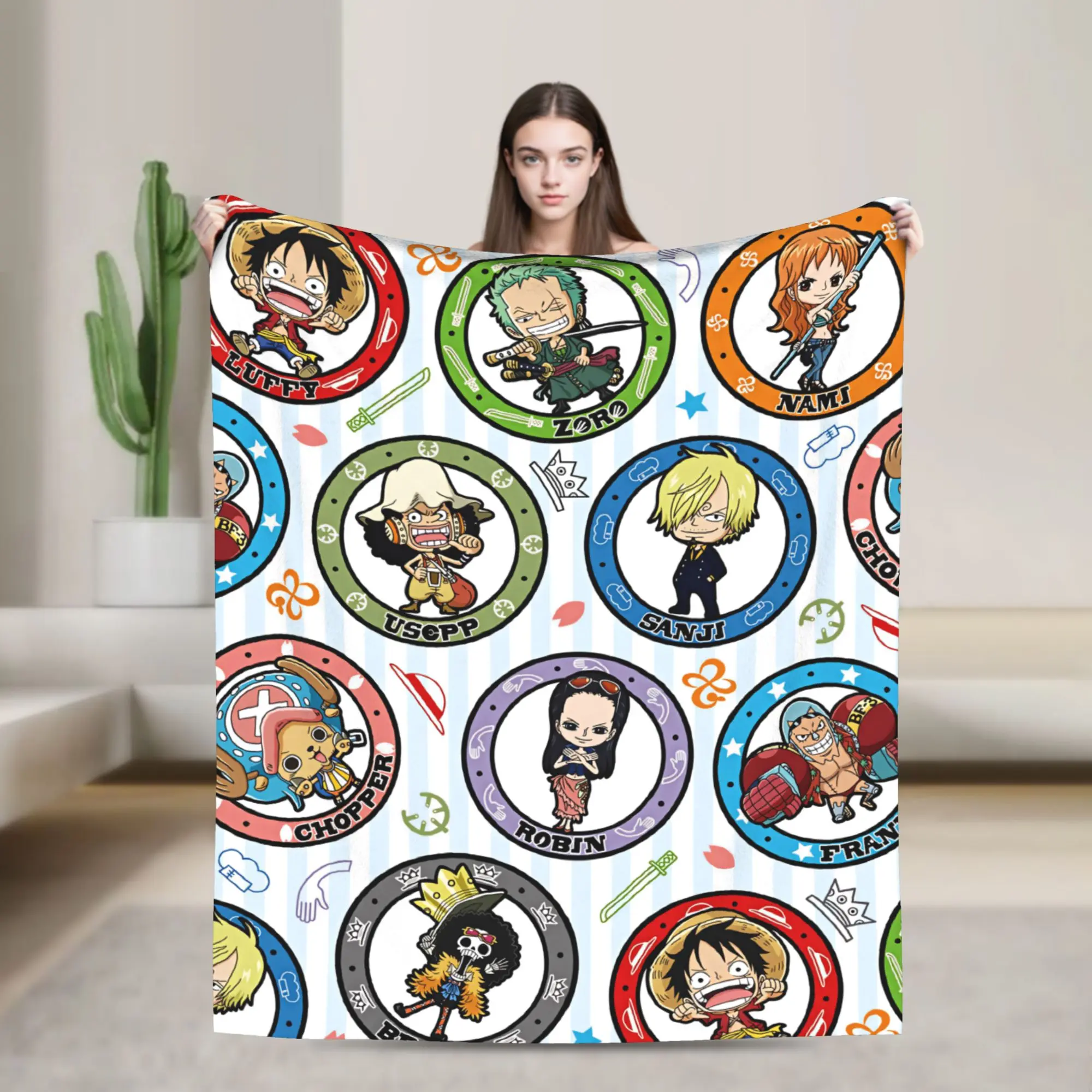 One Piece Straw Hat Pirates Chibi Flannel Blanket, Warm Lightweight Throw Blanket for Bedroom Living Room