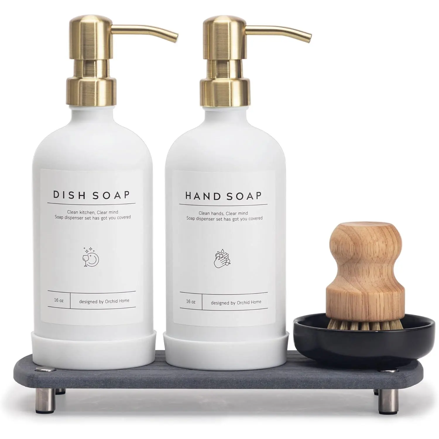 [Luxury] Kitchen Soap Dispenser Set - 16OZ White Glass Bottle, Stainless Steel Pump,  Dry Tray,  Labels, Non-Slip  Pad, and Dish Brush | Upgrade for Your Kitchen and Bathroom