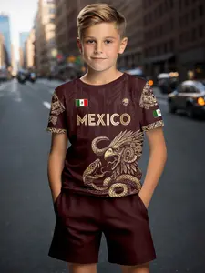 Mexican Flag Eagle Print Set, Aztec Style Casual Short Sleeve and Shorts Two-Piece, Kids Fashion Clothing