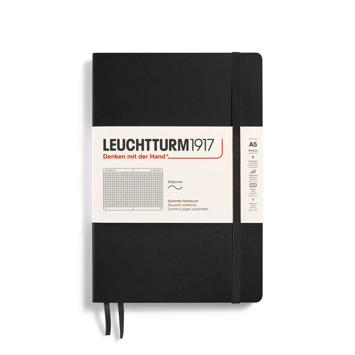 LEUCHTTURM1917 - Notebook Softcover Medium A5-123 Numbered Pages for Writing and Journaling (Squared, Black)