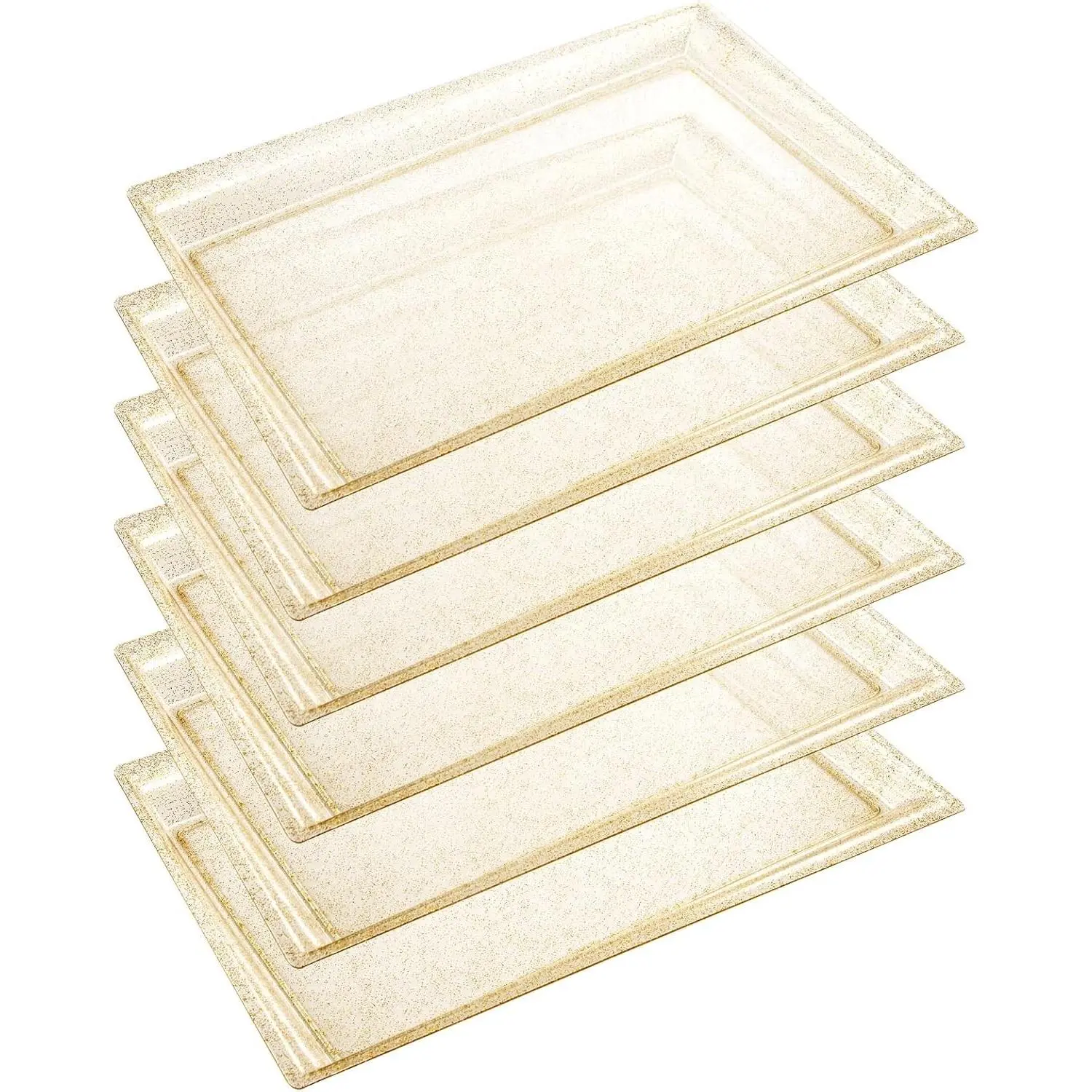 I00000 6 Pack Gold Glitter Plastic Serving Tray, 15" x 10" Crooked Food Trays, Clear Disposable Serving Platter for Parties, Weddings