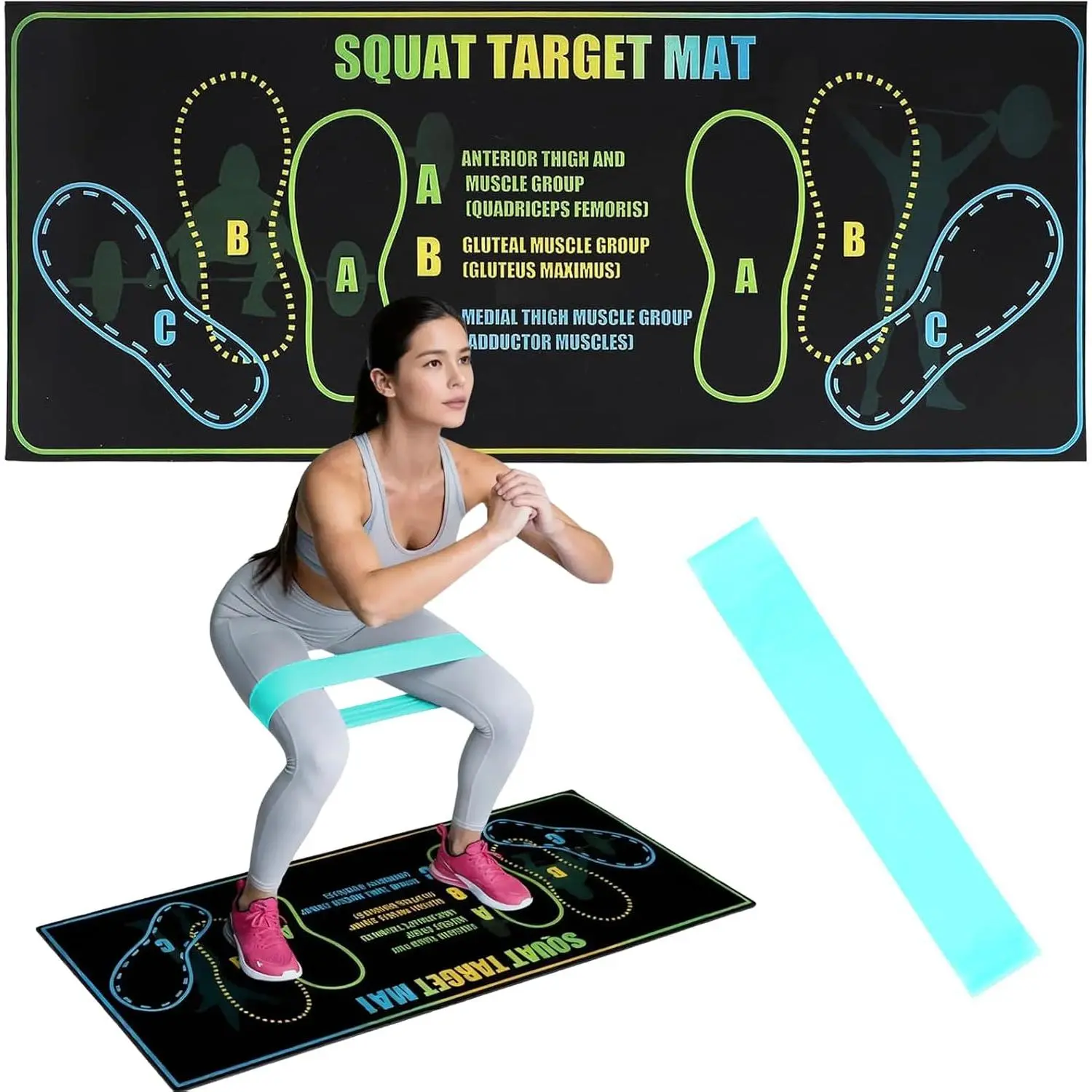 Squat Mat with Foot Position 13.8×31.5in — Non-Slip + Resistance Band