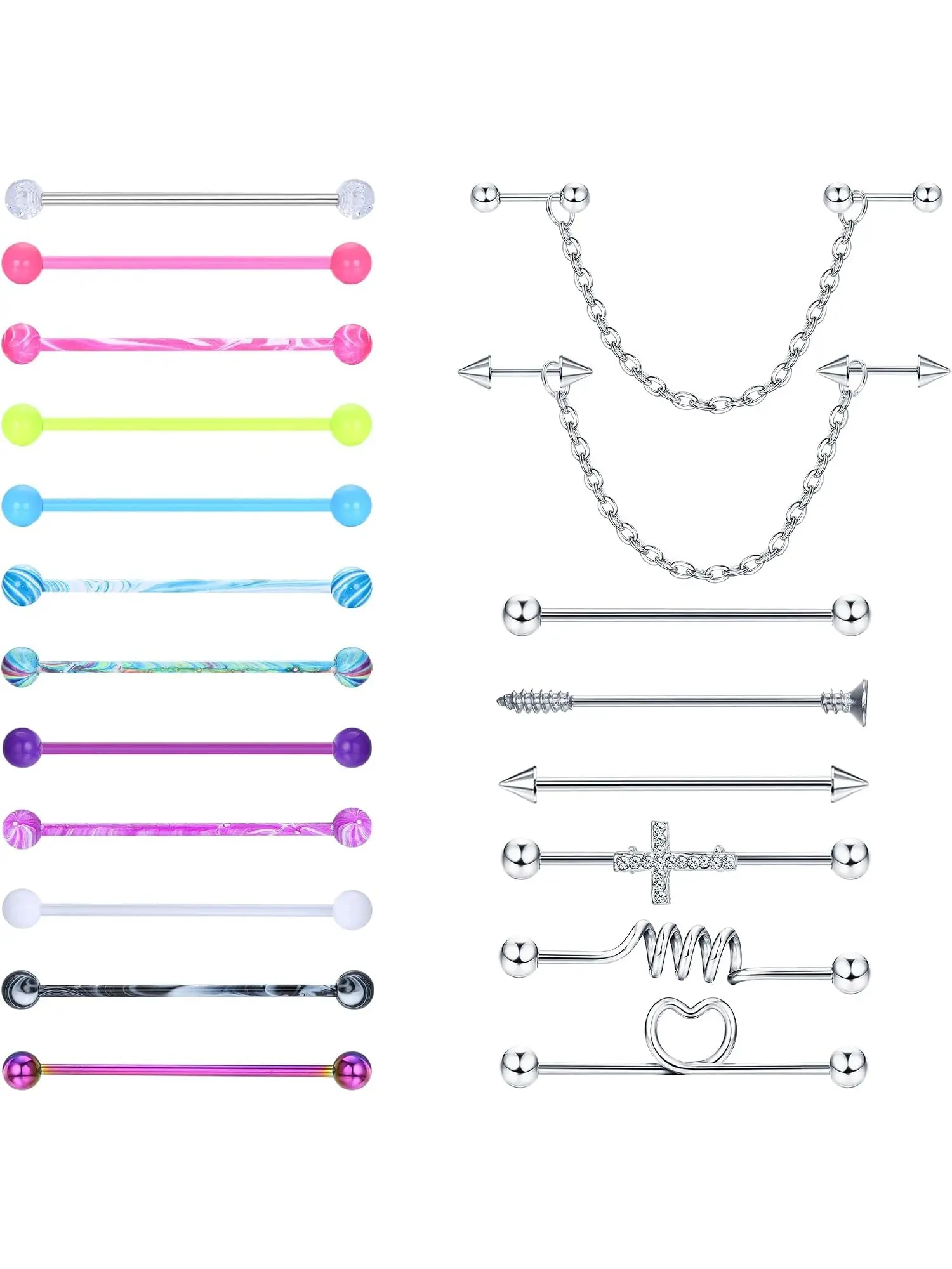 20Pcs Unisex 14G Surgical Steel Industrial Scaffold Barbell Piercing Bundle, Straight Industrial Earrings For Helix Cartilage Body Piercing Jewelry