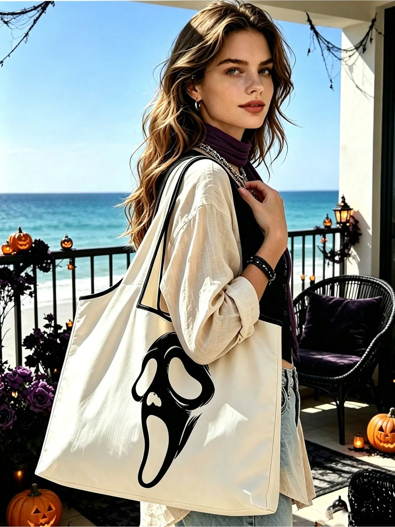 Ghost Face Tote Bag, Horror Movie Shoulder Bag, Large Capacity Foldable Shopping Bag, Halloween Ghost Handbag, Punk Leopard Tote, Gothic Style