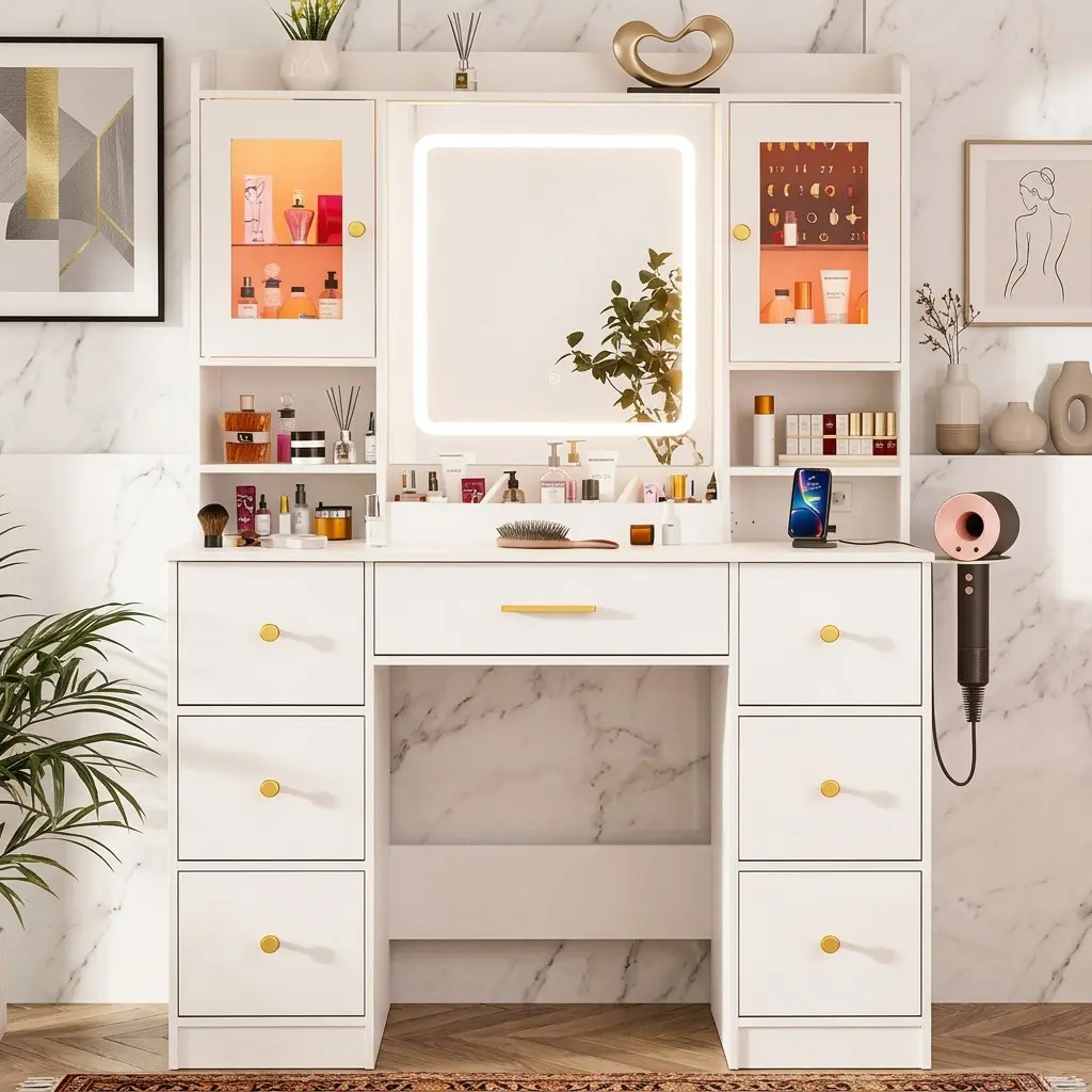 Adjustable Portable White LED Makeup Vanity Desk with Mirror - 3 Light Modes, Multi-Storage Cabinets/Shelves, Built-In Hair Dryer Holder, Thickened MDF Dressing Table for Bedroom, Girls’ Ideal Gift for Vanity Organization & Get Ready With Me Sessions