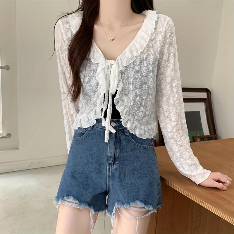 Elegant and Lightweight Lace-up Cardigan-Breathable Chiffon Shawl, Ruffles, Long Sleeves, Sun Protection-Spring/Women's Summer Top, Soft Blue, White, Cream, Pink, Black Fitted Knitwear Womenswear Basic Beige Casual