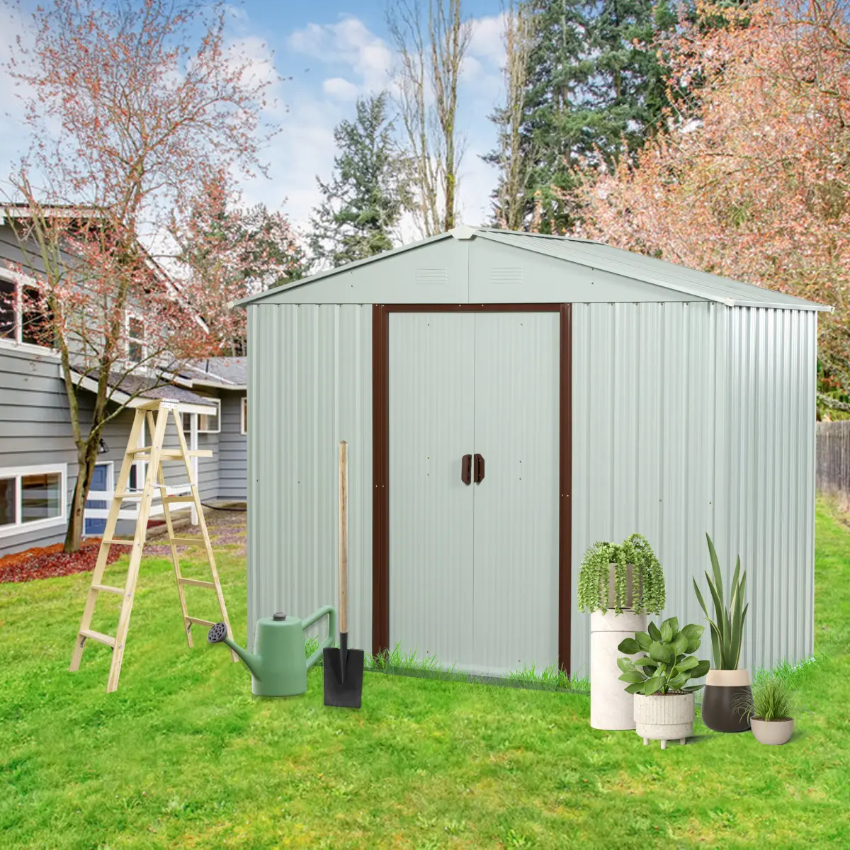 8ft x 4ft Steel Outdoor Storage Shed (W54071038) with Metal Foundation, Shelf, Lock, Sliding Door, Hooks, Anchors, Punched Vents, Easy Entry and Exit, Eco-Friendly Paint, Extra Safety, DIY Assembly, Gift Tool - White