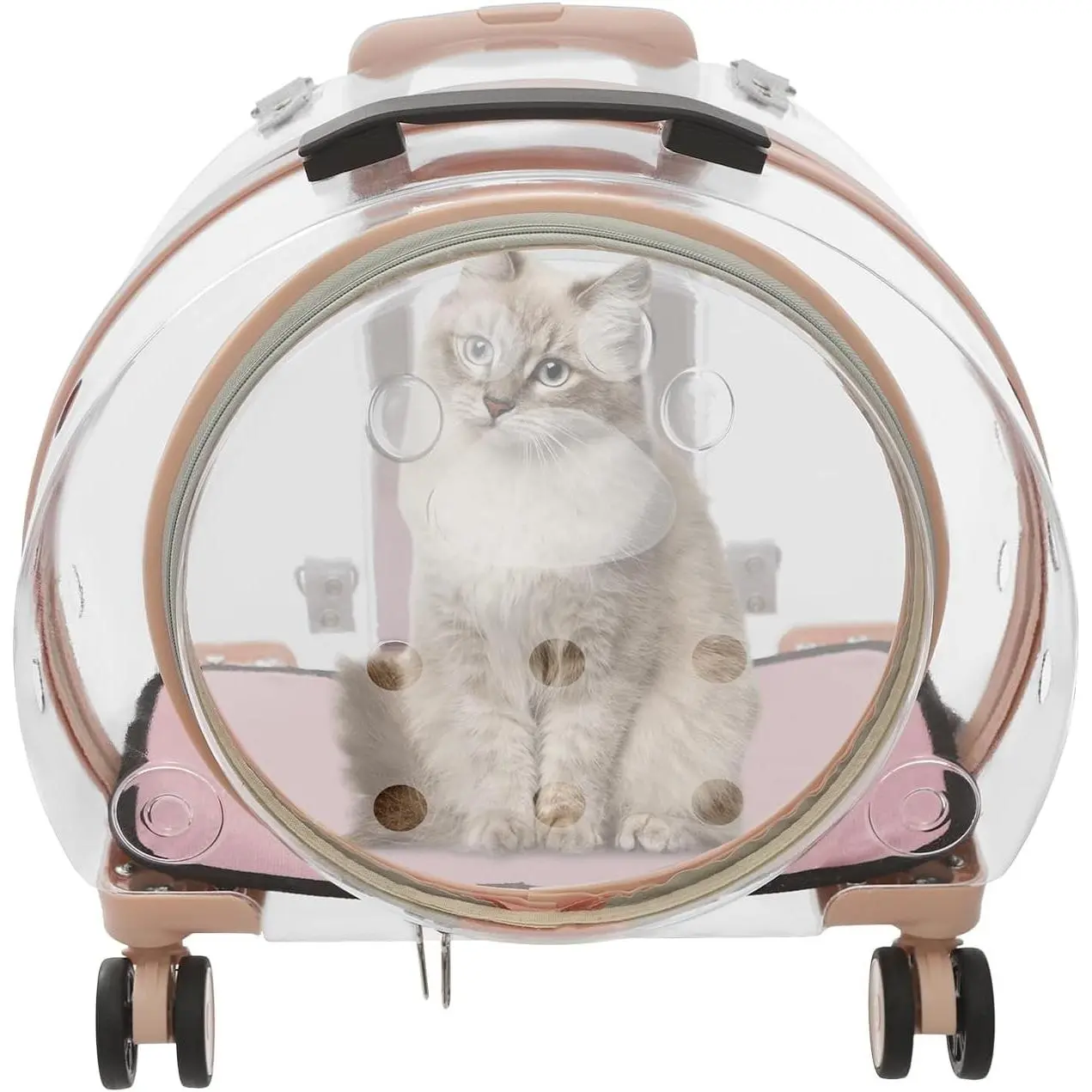 Transparent Hard Shell Luggage Cat Carrier with Ventilation System, Rolling Wheels, Multiple Carrying Options - Universal Fit for Cats/Dogs (Up to 19.84lbs, Pink/Clear)