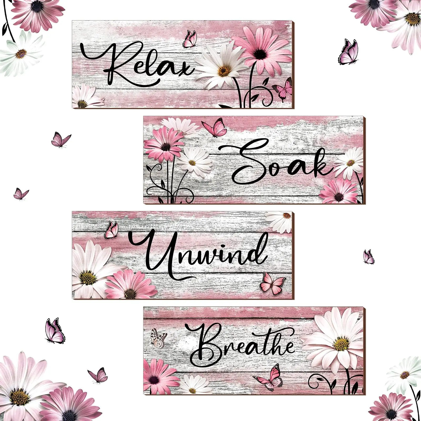 4 Pieces Relax Soak Unwind Breathe Wooden Bathroom Wall Sign Set, Pink Daisy Butterfly Distressed Wood Wall Decor, Rustic Pink White Wood Grain Wooden Hanging Decorative Wall Plaque for Spa Restroom Shower Wall Art