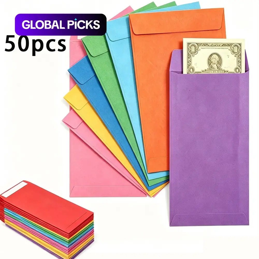 50pcs Thick Self-Seal Colorful Cash Envelopes, Colored Kraft Paper Envelopes for Wages, Savings, Coins, Bills, Letters, Random Colors