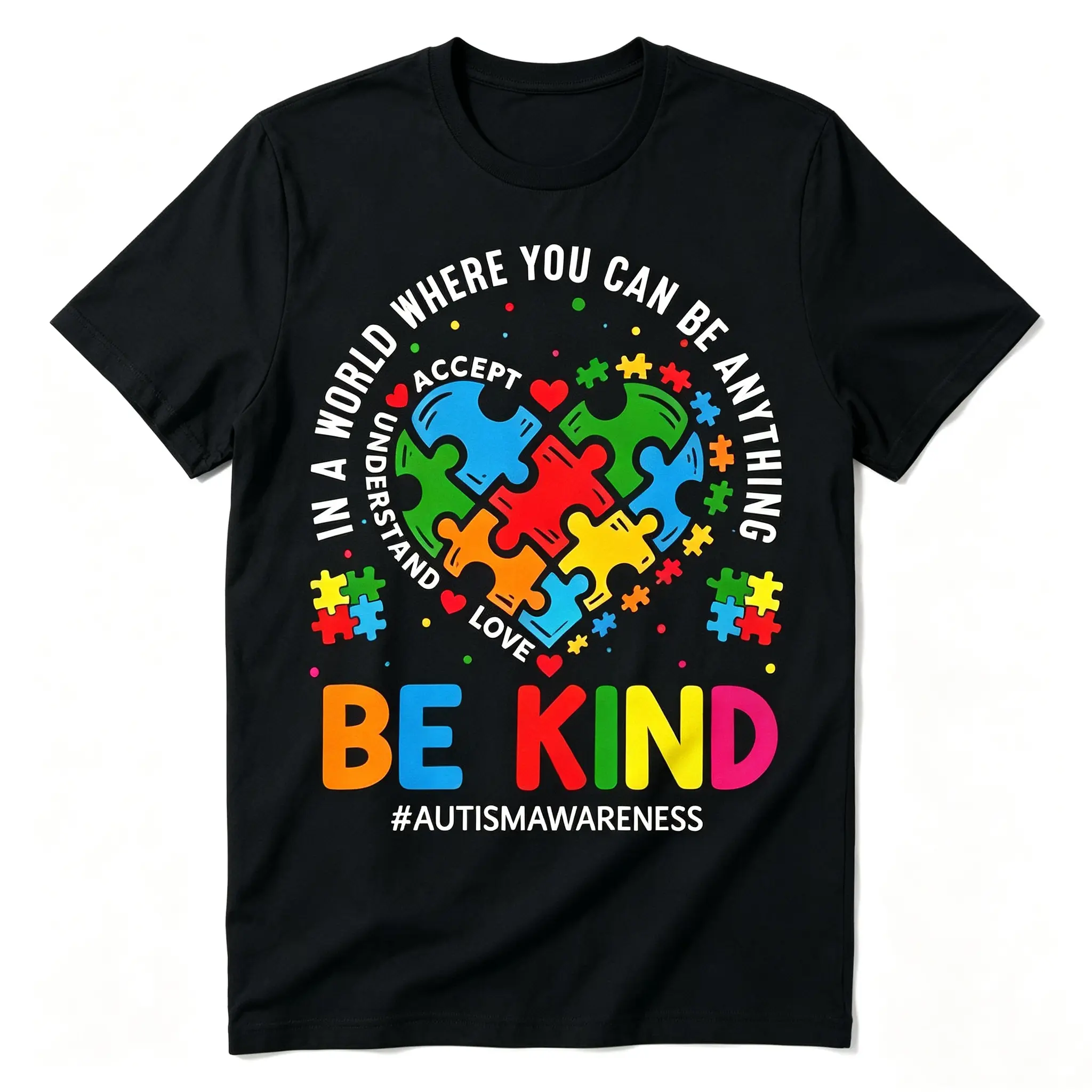 In A World Where You Can Be Anything Be Kind Autism Awareness T-Shirt, Colorful Puzzle Heart Accept Understand Love Graphic Tee For Autism Supporters