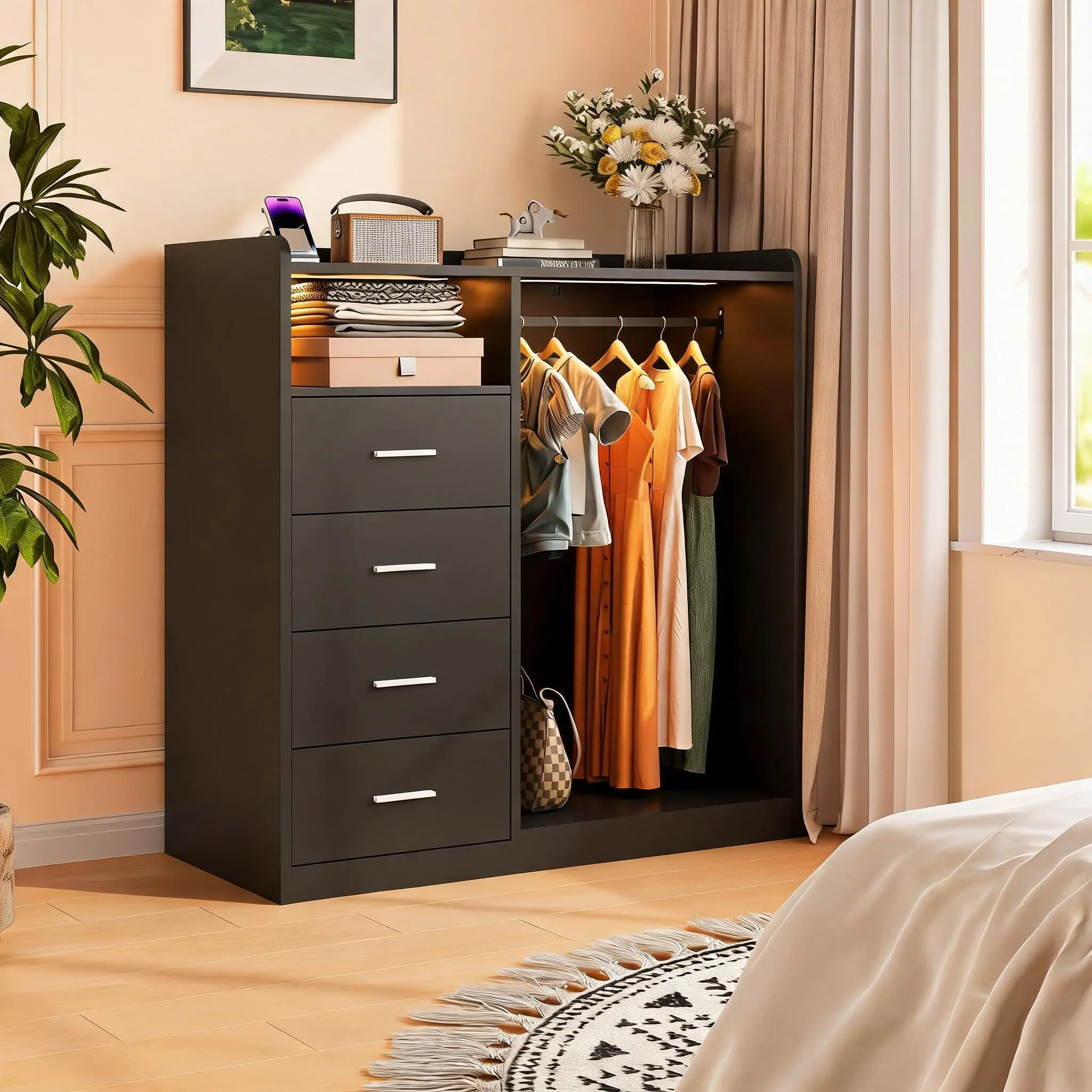 Natural 4-Drawer Wardrobe Closet Organizer with Hanging Rack, LED Lights, Charging Station, Open Shelves for Bedroom & Living Room Storage, Indoor Room Storage Furniture