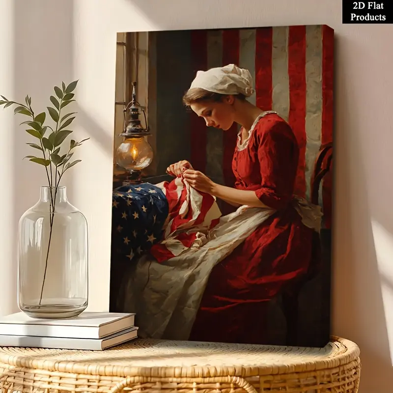 1 piece of frameless/wrapped frame optional American flag women's sewing art print - suitable for Independence Day, football parties, living room decoration, wall hanging poster gift, historical patriotic decoration with national flag sewing pattern, 2D f