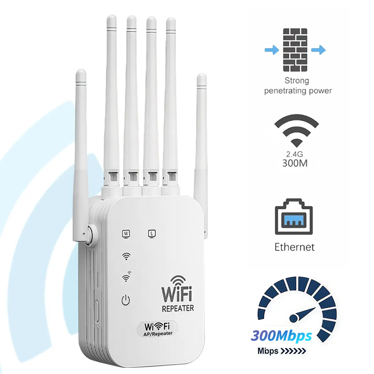 WiFi Extender, 300Mbps 2.4GHz Wireless Signal Booster, US Standard Plug Design, Cover 1000 Sq. Whole House WiFi Coverage, Dual Working Modes, Eliminates Dead Zones for Smart Devices & Online Activities (6 Antennas)