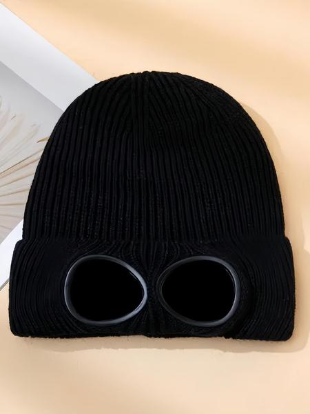 Unisex Solid Color Goggle Lens Design Beanie Hat, Casual Soft Comfortable Beanie for Fall & Winter, Fashion Accessories for Both Men & Women, Knitted Winter Hat