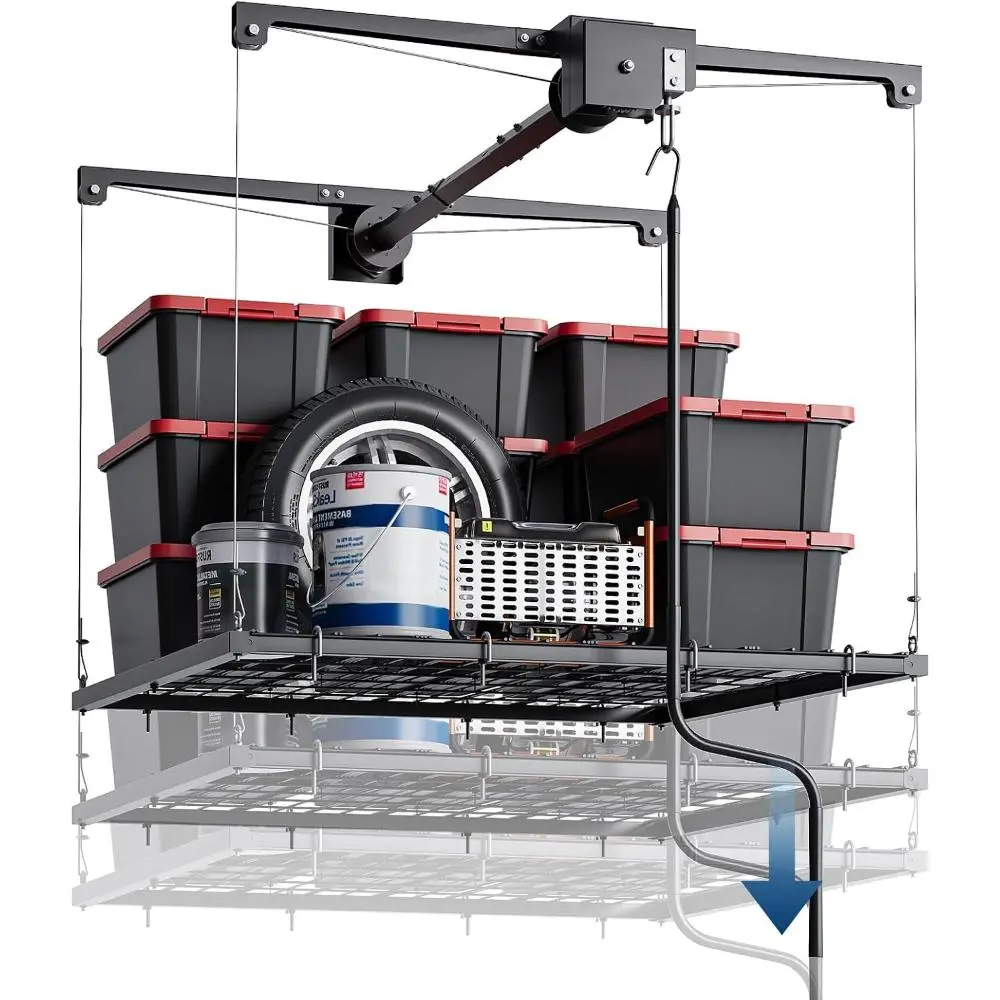 Overhead Garage Storage Rack Adjustable 4x4 ft Heavy Duty Ceiling Mounted, 250 lb Capacity with Safety Lock, Ceiling Storage for Garage and Attic, Satin Black Finish