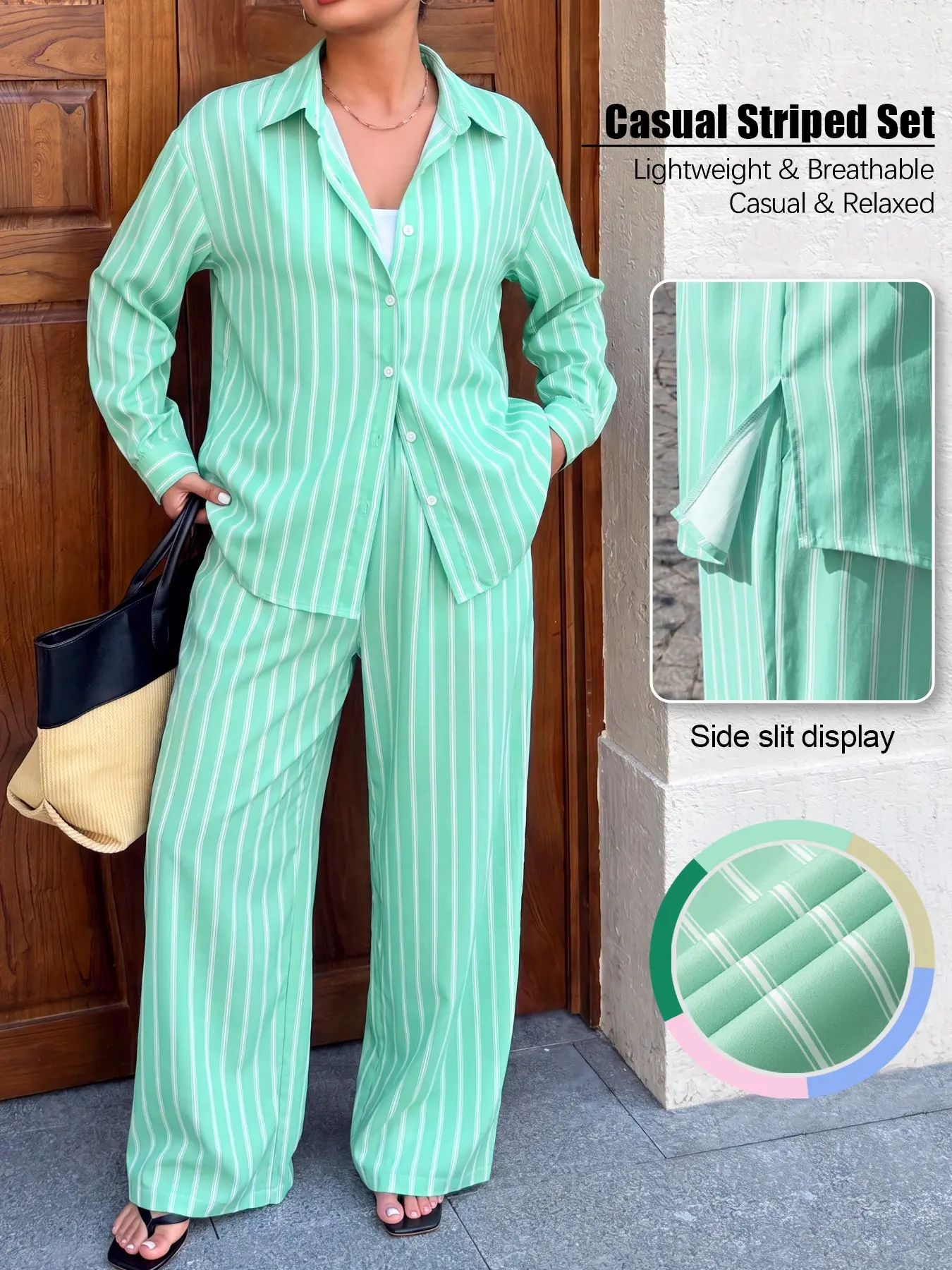 Women's Summer Two Piece Set Wrinkle-Resistant Matching Set Loose Fit Long Sleeve Shirt and Elastic Waist Pants Casual Everyday Vacation Outfit Clothes Suits