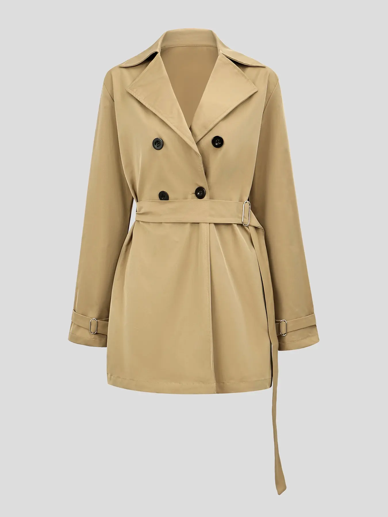 Women Short Trench Coat, Double Breasted Belted Lapel, Long Sleeve Fitted Design, Spring & Fall Casual Outerwear Jackets Elegance