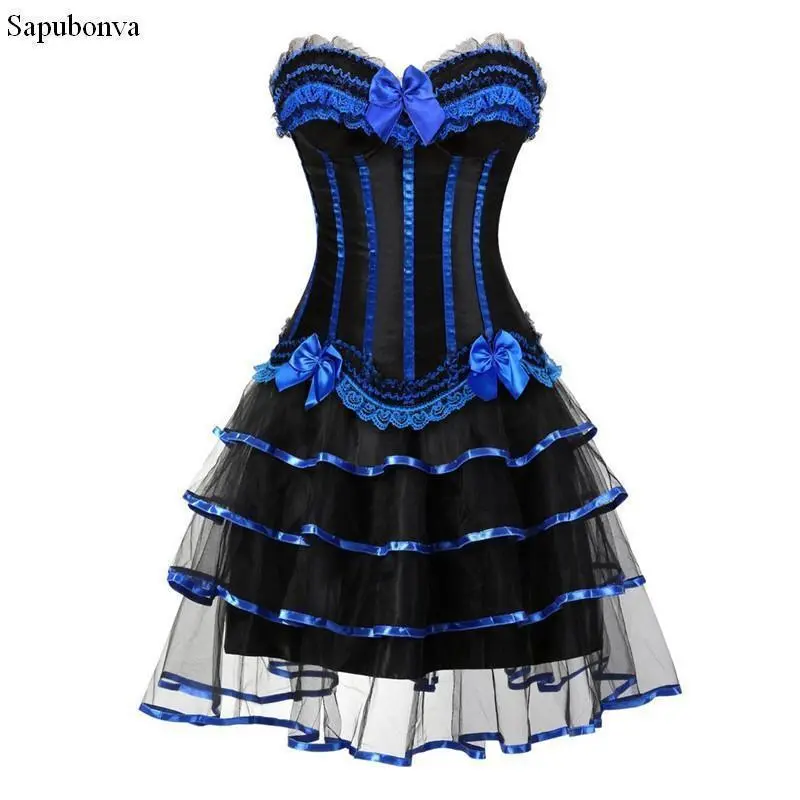 burlesque corset dress and skirt set costumes vintage striped floral lace dress corset bustier tank top for women plus size blue