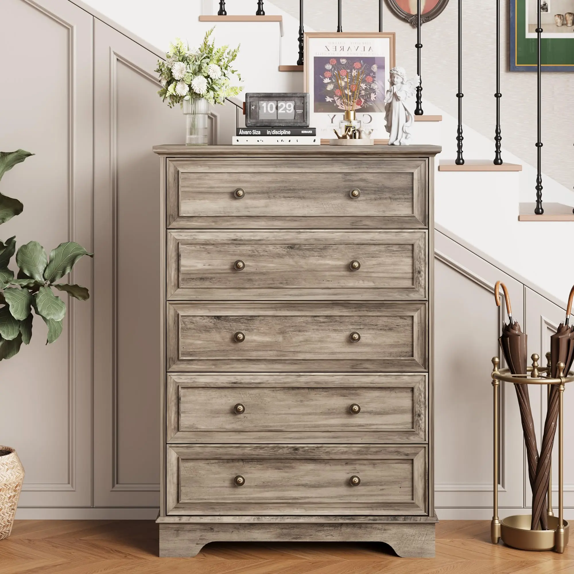 Farmhouse 5-Drawer Dresser Only for Bedroom, Vertical Storage Chest Cabinet with Ample Space, Tall Organizer for Living Room and Hallway, Gray Oak and Washed Gray