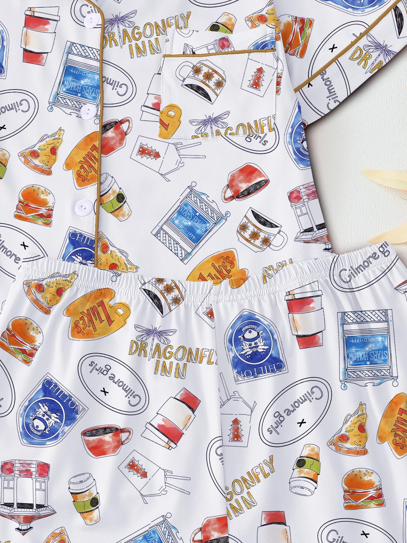 Women's Stars Hollow Gilmore Girls Comfortable Loungewear Sleepwear Set, Two-Piece Short Sleeve Top & Elastic Pants, All Seasons Fitted Nightgown Gift