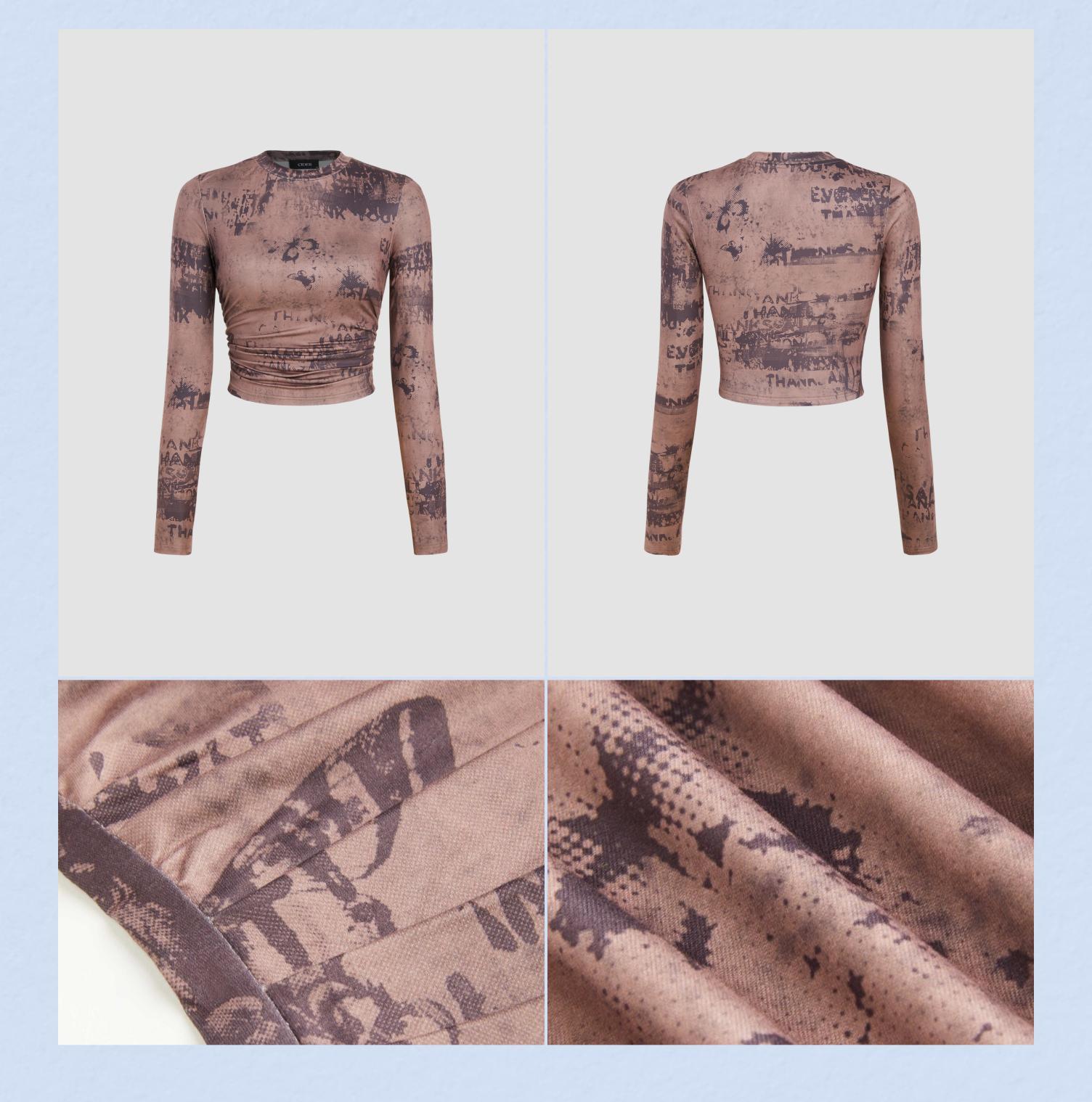 Cider [4 colors, size 2-26] Round Neck Tie Dye Ruched Long Sleeve Crop Top