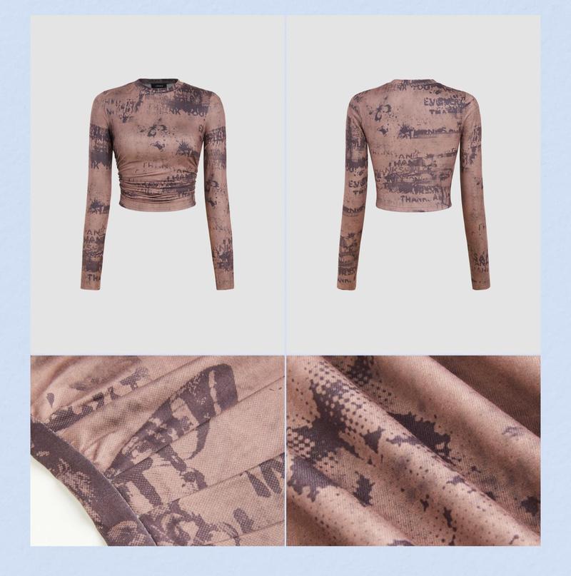 Cider [4 colors, size 2-26] Round Neck Tie Dye Ruched Long Sleeve Crop Top