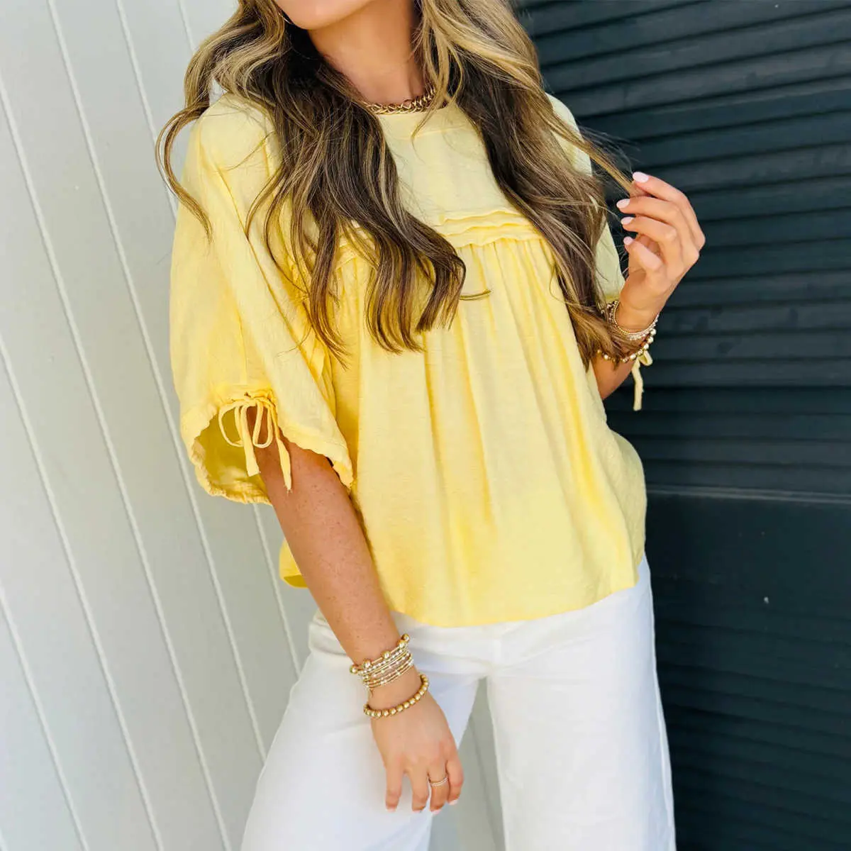Women’s Tie Neck Short Sleeve Solid Basic Pleated Babydoll Blouse - Viscose, Loose Fit, Adjustable, Everyday Style Casual Top