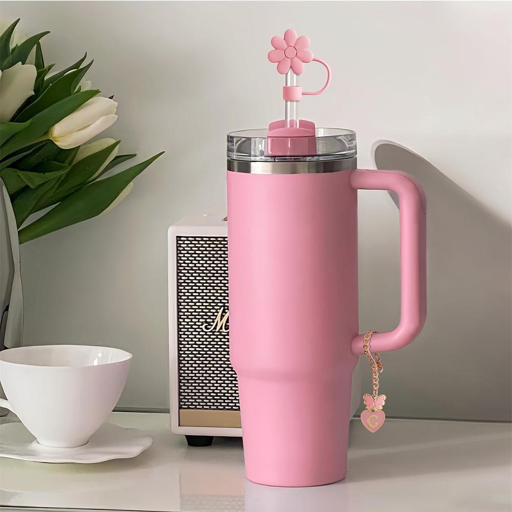 Flower & Letter Design Drinkware Accessories Set, Tumbler Cup, 5 Counts/set Including 3 Counts Silicone Straw Cover & 2 Counts Letter Charm, Drinkware Accessories for Gift