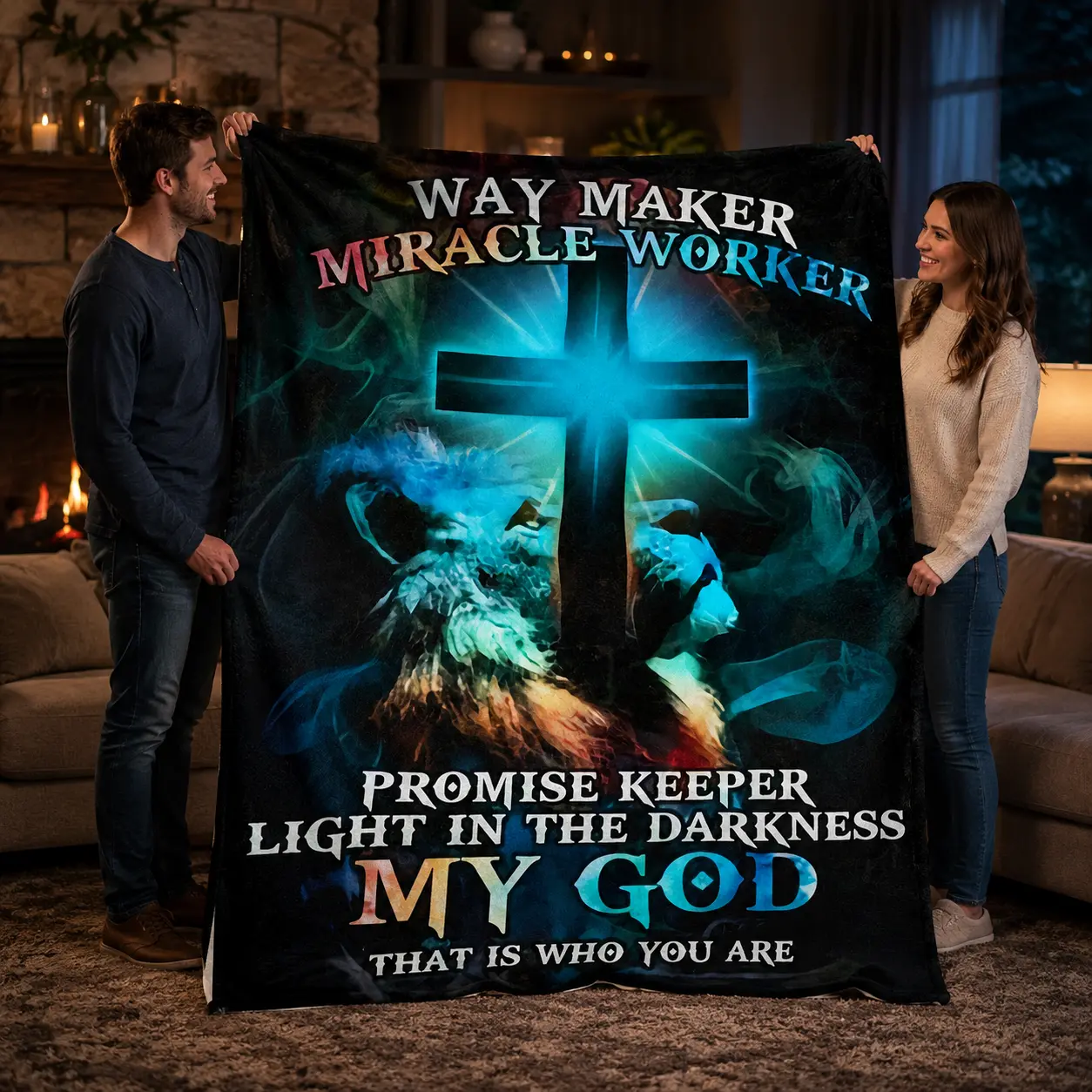 Way Maker Miracle Worker Christian Blanket, Faith Prayer Throw Blanket with Glowing Cross & Lion Print, Soft Cozy Religious Fleece Blanket for Couch Bed Sofa, Inspirational God Gift for Women Men, Church, Prayer Room, Home Decor, Daily Comfort Gift